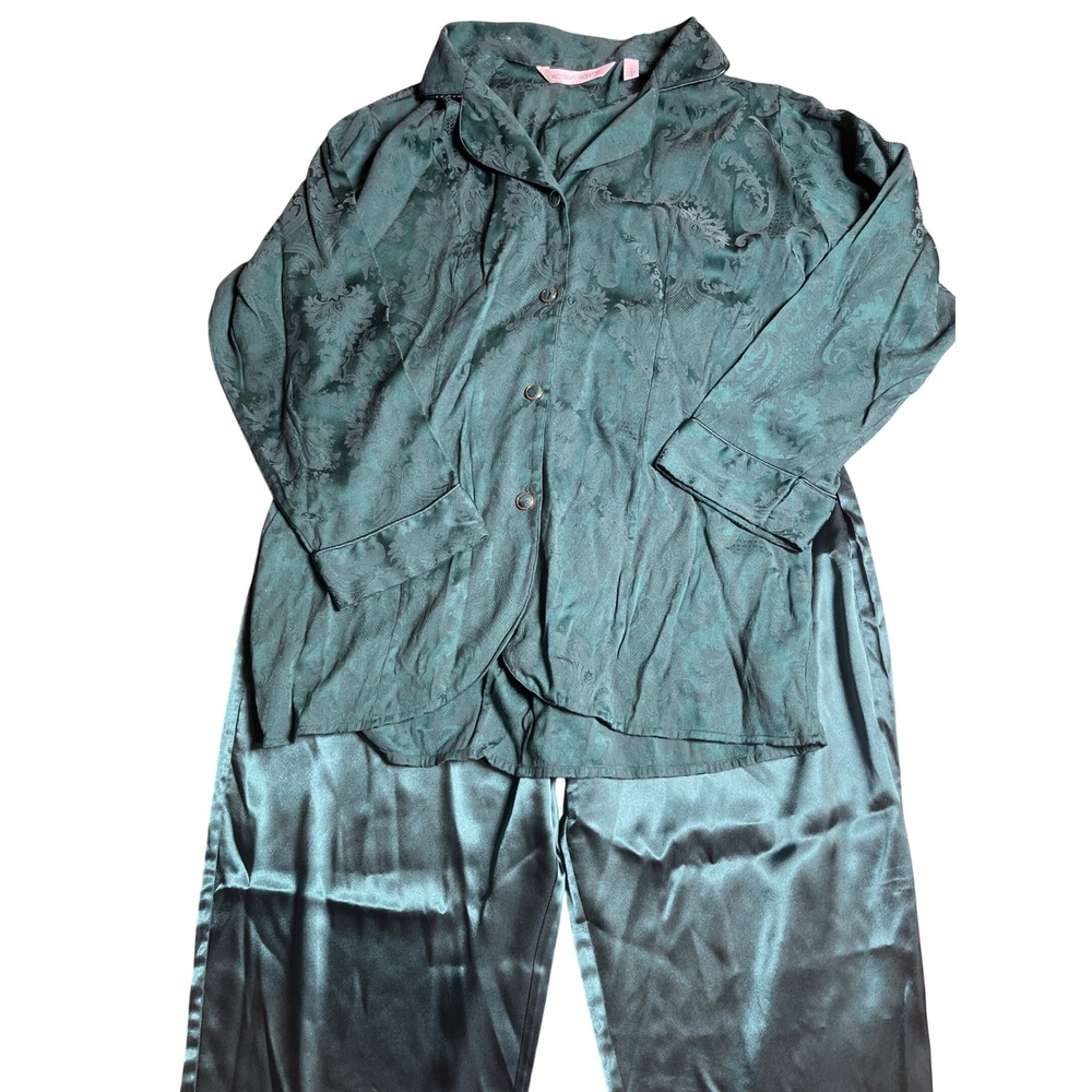 Victorias Secret Pajama Set Emerald Green Damask Satin Pajamas Womens Medium